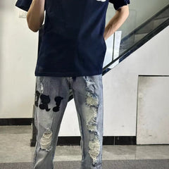 Men Jeans Washed Make Old Ripped Jeans Embroidered Slacks