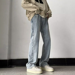 Men Jeans Washed Light Blue Jeans Slim-Fit Straight Trousers
