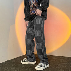Men Jeans Chessboard Plaid Jeans Autumn Straight Wide-Leg Pants Retro Loose Trousers