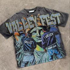 Street Unisex T-shirt Washed Old Oversize Hip Hop Skateboard Anime Print Short Sleeve