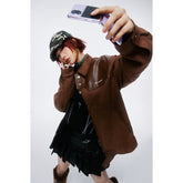 Unisex Jacket Vintage Suede Stitching Pu Turn-down Collar Coat Men and Women Loose Jacket