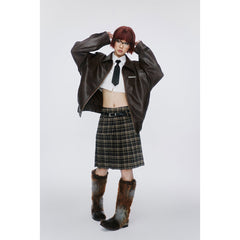 Unisex Jacket Loose Lapels PU Leather Jacket Retro Biker's Coat