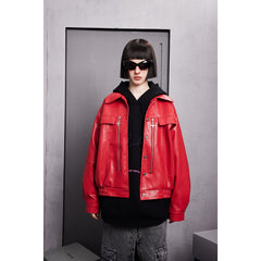 Unisex Jacket Fall Loose Lapels PU Leather Jacket Retro Biker's Coat