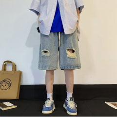 Men Jeans Light Blue Drawstring Ripped Denim Shorts Oversize