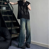 Men Jeans Dark Blue Vintage Jeans Straight Wide Leg Pants