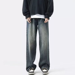 Men Jeans Summer Retro Casual Pants Washed Loose Straight-Leg Wide-Leg Pants