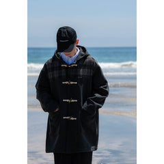 Unisex Jacket Retro Patchwork Plaid Coat Men's Horn Button Hooded Overcoat