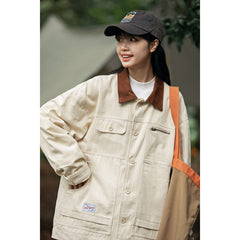 Unisex Jacket Retro Multi-Pocket Workwear Coat Loose Casual Polo Collar Jacket