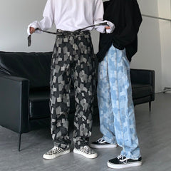Men Jeans Straight Wide-Leg Pants Casual Loose Hip Hop Washed Denim Trousers