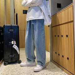 Men Jeans Loose Solid Color Straight-Leg Pants Trousers