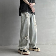 Men Jeans Five-Pointed Star Summer Washed-out Vintage Wide Leg Denim Trousers