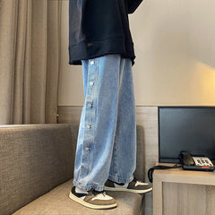 Men Jeans Loose Hong Kong Style Breasted Denim Trousers Straight Wide Leg Pants