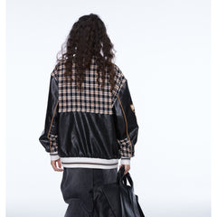 Unisex Jacket Retro Patchwork Plaid Motorcycle Jacket PU Leather Jacket