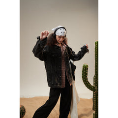 Unisex Jacket Black Denim Jacket Men and Women Lapel Loose Overalls