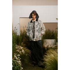 Unisex Jacket Vintage Thorn Print Overalls Men and Women Loose-Fitting Jacket Top