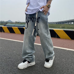 Men Jeans Bell-Bottom Pants Loose Straight Letter Vintage Print Jeans
