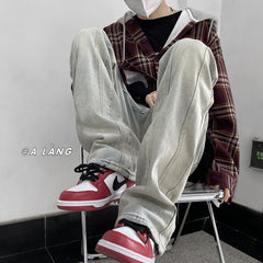 Men Jeans Loose Straight Hiphop Draping Rivet Overalls