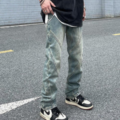 Men Jeans Washed Distressed Stitching Jeans Loose Straight Trousers