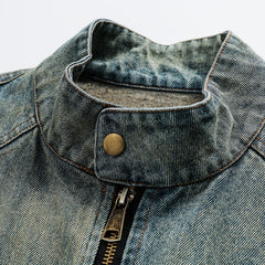 Unisex Jacket Retro Washed Embroidered Denim Coat Men's and Women's Stand Collar Motorcycle Jacket
