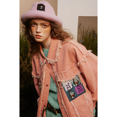 Unisex Jacket Loose Raw Hem Turn-down Collar Coat