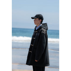 Unisex Jacket Retro Patchwork Plaid Coat Men's Horn Button Hooded Overcoat