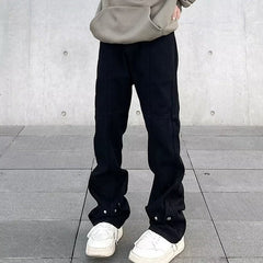 Men Jeans Black Buckle Jeans Baggy Straight Trousers