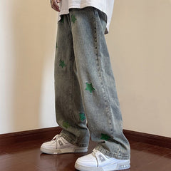 Men Jeans XINGX Embroidered Jeans Men's Loose Hiphop Straight-Leg Pants