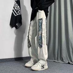 Men Jeans Patchwork Stitching Jeans Loose Straight Trousers