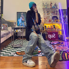 Men Jeans Hip Hop Five-Pointed Star Patch Embroidered Jeans