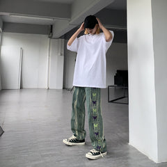 Men Jeans Retro Gradient Butterfly Embroidery Loose Washed-out Straight Wide Leg Pants