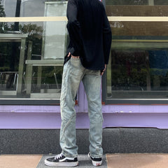 Men Jeans Washed Distressed Straight Jeans Loose Retro Trousers
