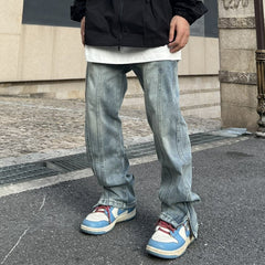 Men Jeans Washed Leg Zipper Men's and Women's Jeans Loose Oversize Straight-Leg Trousers