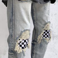 Men Jeans Summer Water Washed Hole Jeans Patch Plaid Pants