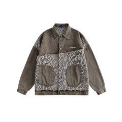 Unisex Jacket Vintage Zebra Pattern Stitching Washed Turn-down Collar Coat