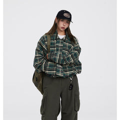 Unisex Jacket Vintage Plaid Lapel Jacket for Men and Women Loose Overalls