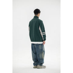 Unisex Jacket Retro Patchwork Contrast Color Stand-up Collar Jacket Men Spring and Autumn Coat