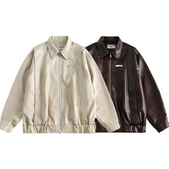 Unisex Jacket Loose Lapels PU Leather Jacket Retro Biker's Coat