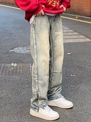 Men Jeans Washed Zipper Jeans Spring and Autumn Vintage Casual Loose Trousers
