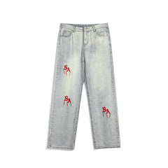 Men Jeans Embroidered Jeans Men's Spring and Autumn Baggy Straight Trousers Spring Pants