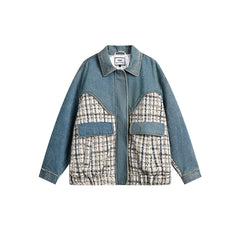 Unisex Jacket Retro Patchwork Plaid Lapel Jacket Baggy Coat