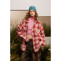 Unisex Jacket Red Plaid Coat Men's and Women's Loose Retro Lapel Couple Jacket