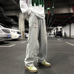 Men Jeans Summer Broken Loose Straight-Leg Wide-Leg Pants