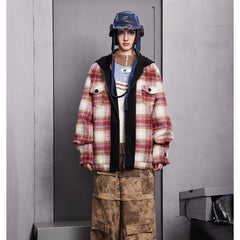 Unisex Jacket Retro Patchwork Plaid Coat for Men and Women Couple Cardigan Hooded Hooded Jacket