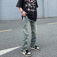 Men Jeans Washed Distressed Stitching Jeans Loose Straight Trousers