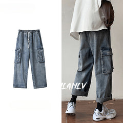 Men Jeans Cargo Jeans Men's Straight Loose Wide Leg Pants Retro Trousers