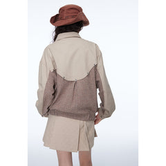 Unisex Jacket Retro Houndstooth Stitching Polo Collar Jacket Baggy Coat