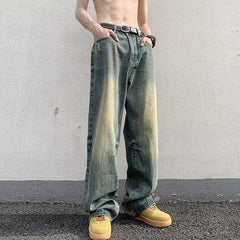Men Jeans Washed Worn Jeans Loose Wide-Leg Straight Pants
