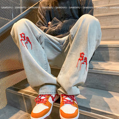 Men Jeans Embroidered Jeans Men's Summer Wide-Leg Straight Pants