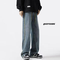 Men Jeans Wide Leg Pants Retro Washed Straight Casual Pants