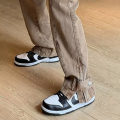 Men Jeans Brown Coffee Color Jeans Zipper Split Bootcut Trousers